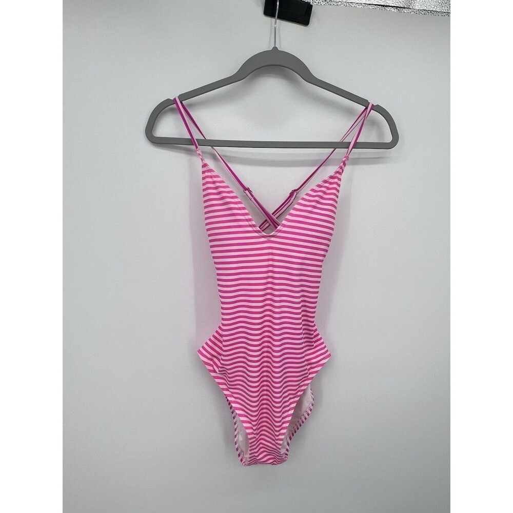 Kate Spade Ringmaster One Piece Swimsuit Sz L Pink Stripe V Neck Low Back Beach